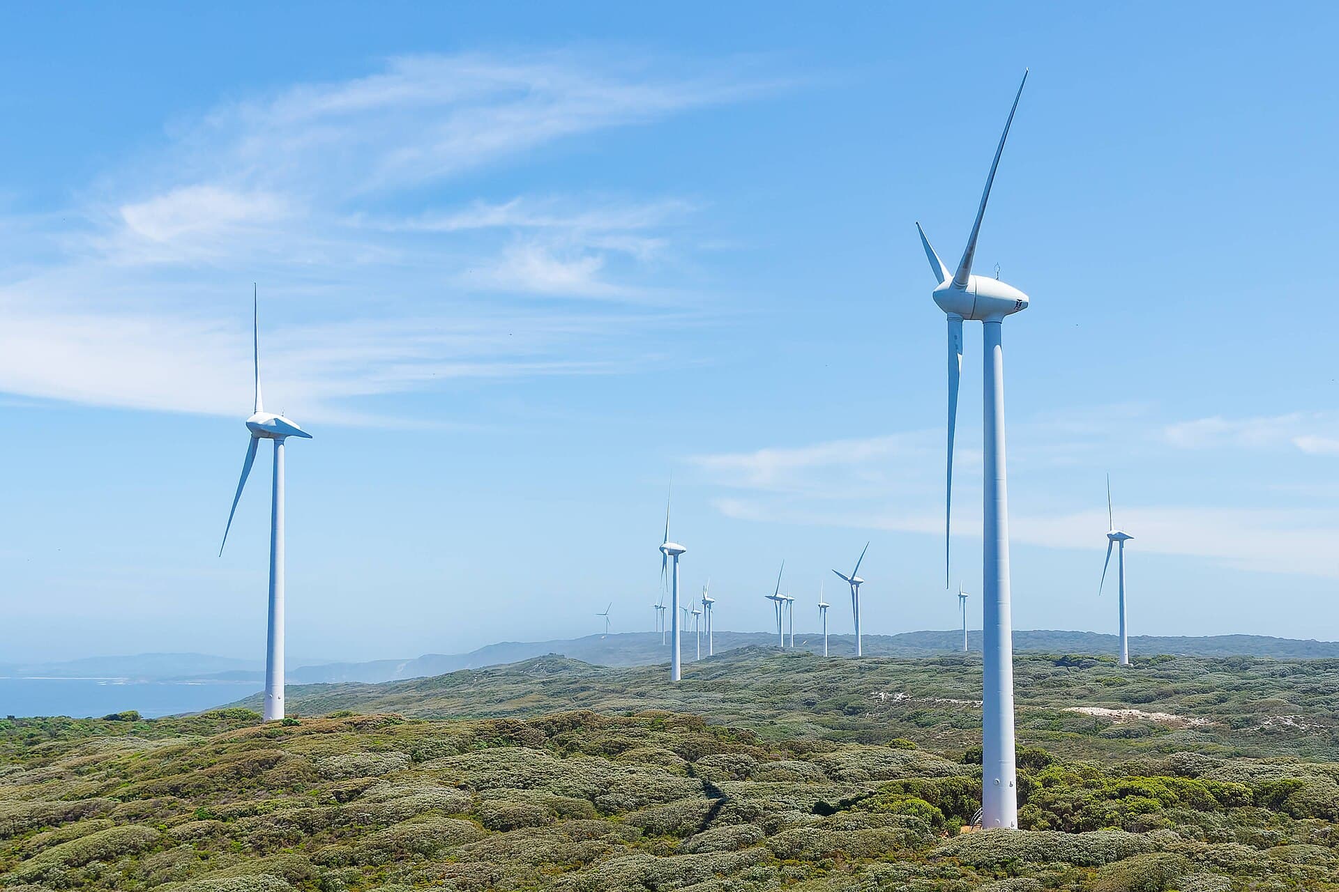 Wind turbines at the Albany wind farm on the Western Australian coast, photographed in November 2024.