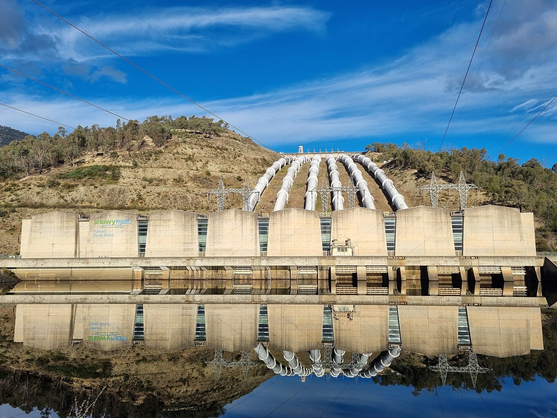 Hydro power station number 3 in the Snowy Mountains scheme, with concrete intake structures and water in the foreground.